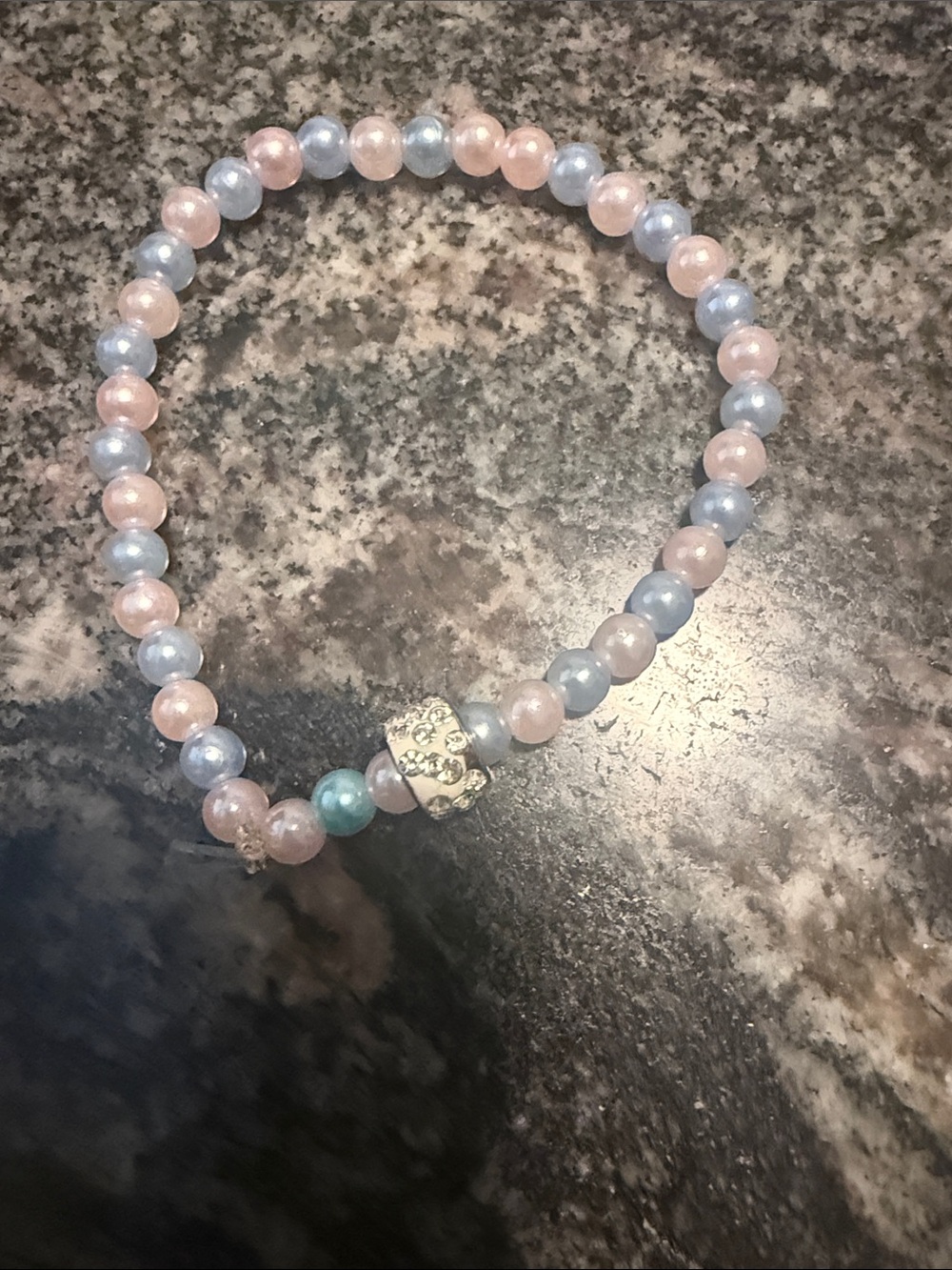 Pastel Pink & Light Blue Beaded Stretch Bracelet with Silver Accent